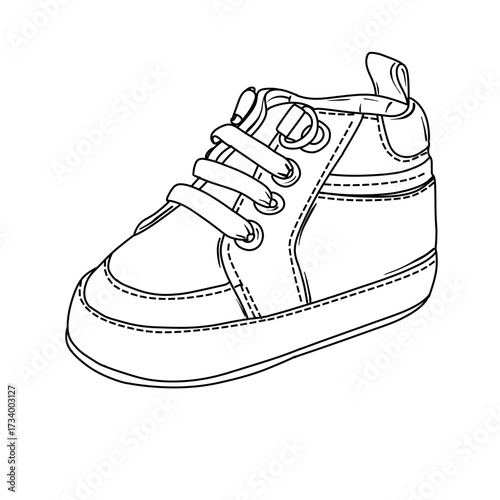 Detailed black and white line art of a baby sneaker, showcasing laces and stitching details.