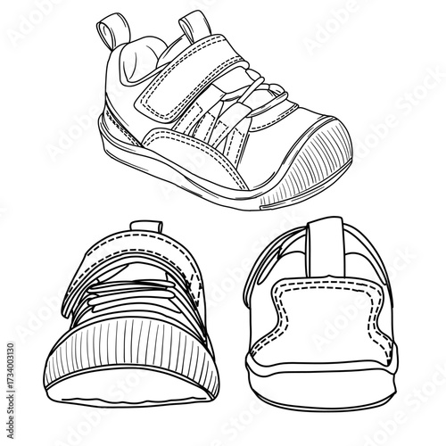 A precise black and white line drawing showcasing a baby shoe from side, front, and back perspectives, ideal for educational or design purposes.
