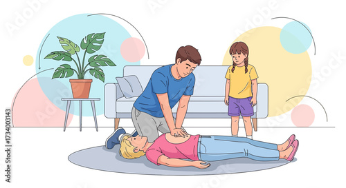 CPR training illustration showcasing a man performing chest compressions with girl watching