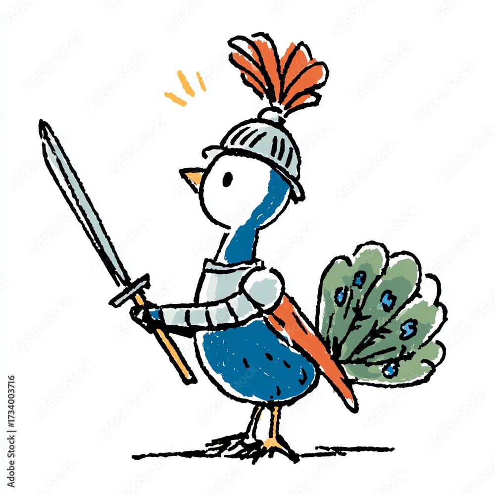 Fototapeta premium A brave peacock warrior dressed in shining armor wielding a gleaming sword