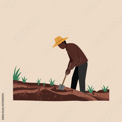 Farmer in straw hat digs in soil with spade, planting seedlings