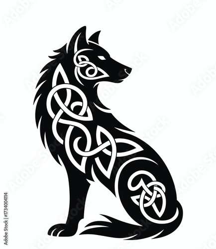Celtic Knot-Patterned Wolf Illustration in Black and White