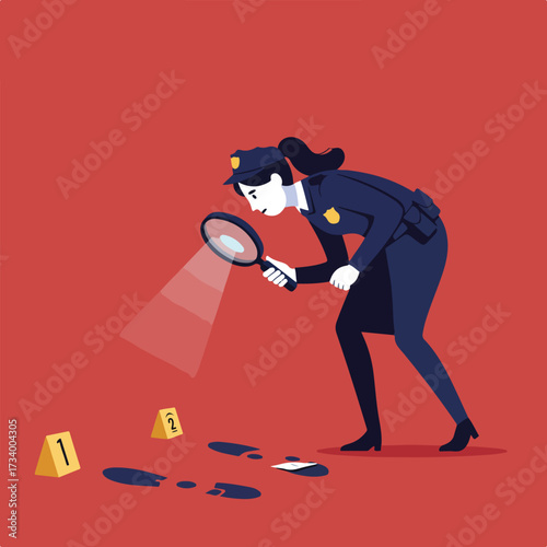 Officer examines evidence at crime scene with footprints, clues, and a magnifying glass