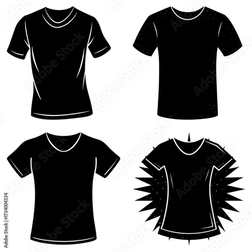 Illustration of four black t shirts with different necklines and design elements on a white background