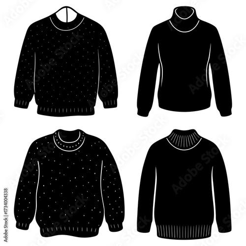 Four black sweaters with different necklines and designs arranged in a square pattern on white background