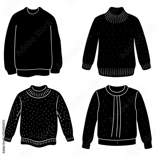 Four black sweaters with different necklines and textures arranged in a square pattern on white background