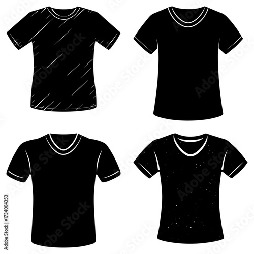 Four black t shirts with varying necklines and textures arranged in a square format on white background