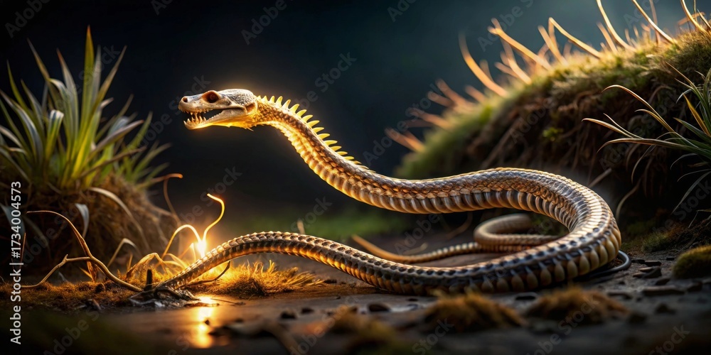 Fototapeta premium Illuminated serpentine creature with glowing scales, coiled in a mystical forest setting