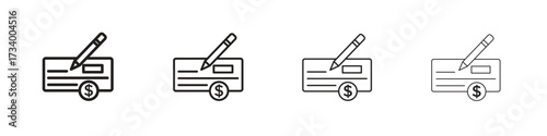 Money check icons designed in outline, line and stroke style