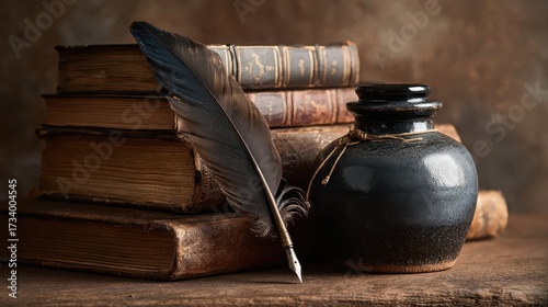 Literary Still Life - Quill, Inkwell, and Stack of Antique Books.