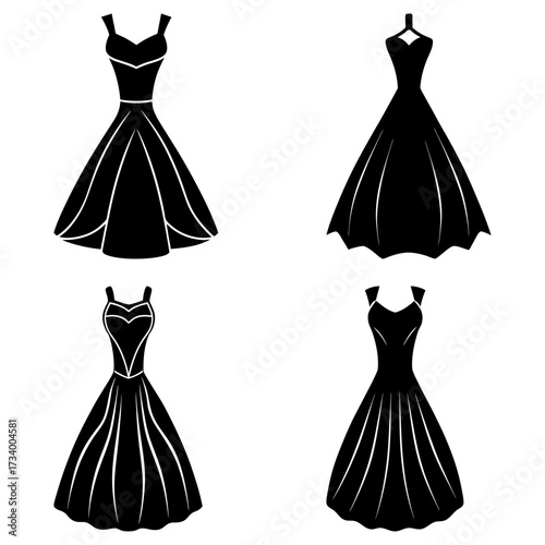 Illustration of four black dresses with different styles and designs on a white background layout fashion