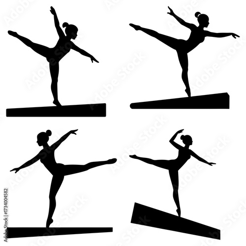 Silhouettes of female gymnasts performing balance beam routines in various poses and orientations
