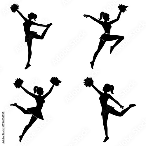 Four cheerleader silhouettes in dynamic poses with pom poms on a white background showcasing athleticism