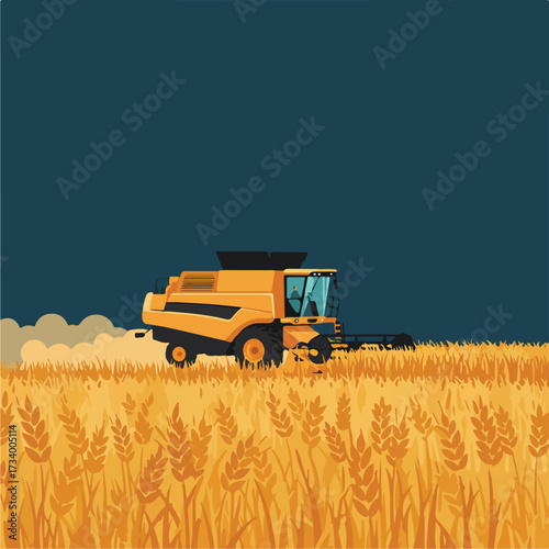 Yellow combine harvester cuts through a golden wheat field under a dark sky