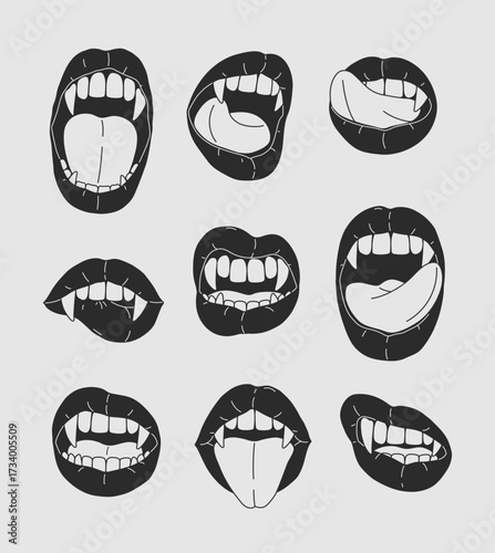 Cartoon linear set of Halloween with vampire open mouth, fangs and tongue. Female lips with long pointed canine teeth. Vintage sketch design for holiday decoration, card, print, invitation, sticker