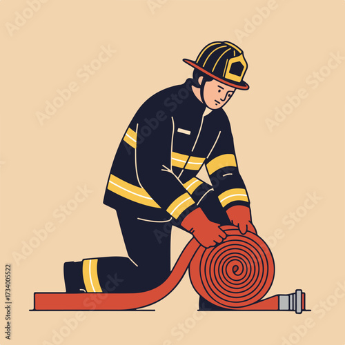 Firefighter in uniform carefully coils a red hose, ready for duty