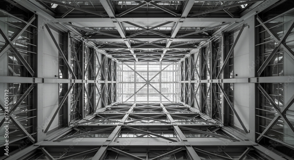 Fototapeta premium Abstract architectural interior metal structure with converging lines