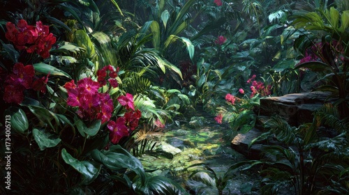 Lush Tropical Paradise - Vibrant Flowers and Verdant Foliage in a Jungle Setting.
