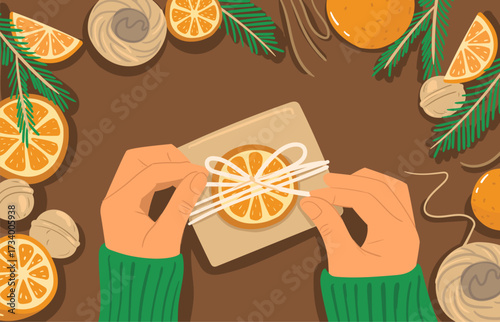 Merry Christmas, Happy New Year. Gift giving. Holiday season banner top view. Hands unpacking box, Decorative bow.