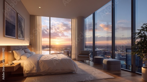 Luxury Bedroom with City View at Sunset - Modern Interior Design.