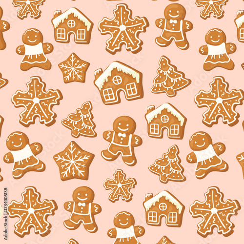 Winter seamless patterns with gingerbread cookies. Awesome holiday vector background. Christmas repeating texture for surface design, wallpapers, fabrics, wrapping paper etc.