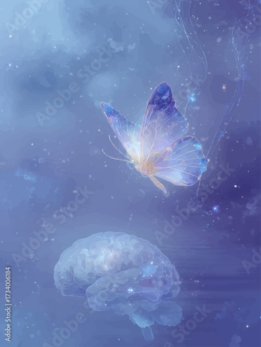 Luminous butterfly floating above glowing transparent organoid brain for futuristic biotechnology, neuroscience innovation, and medical research illustration background.