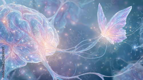 Futuristic glowing organoid brain connected with luminous butterfly symbolizing innovation, creativity, and biotechnology research in advanced medical illustration background.