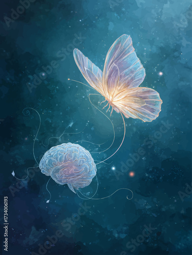Futuristic glowing organoid brain connected with luminous butterfly symbolizing innovation, creativity, and biotechnology research in advanced medical illustration background.