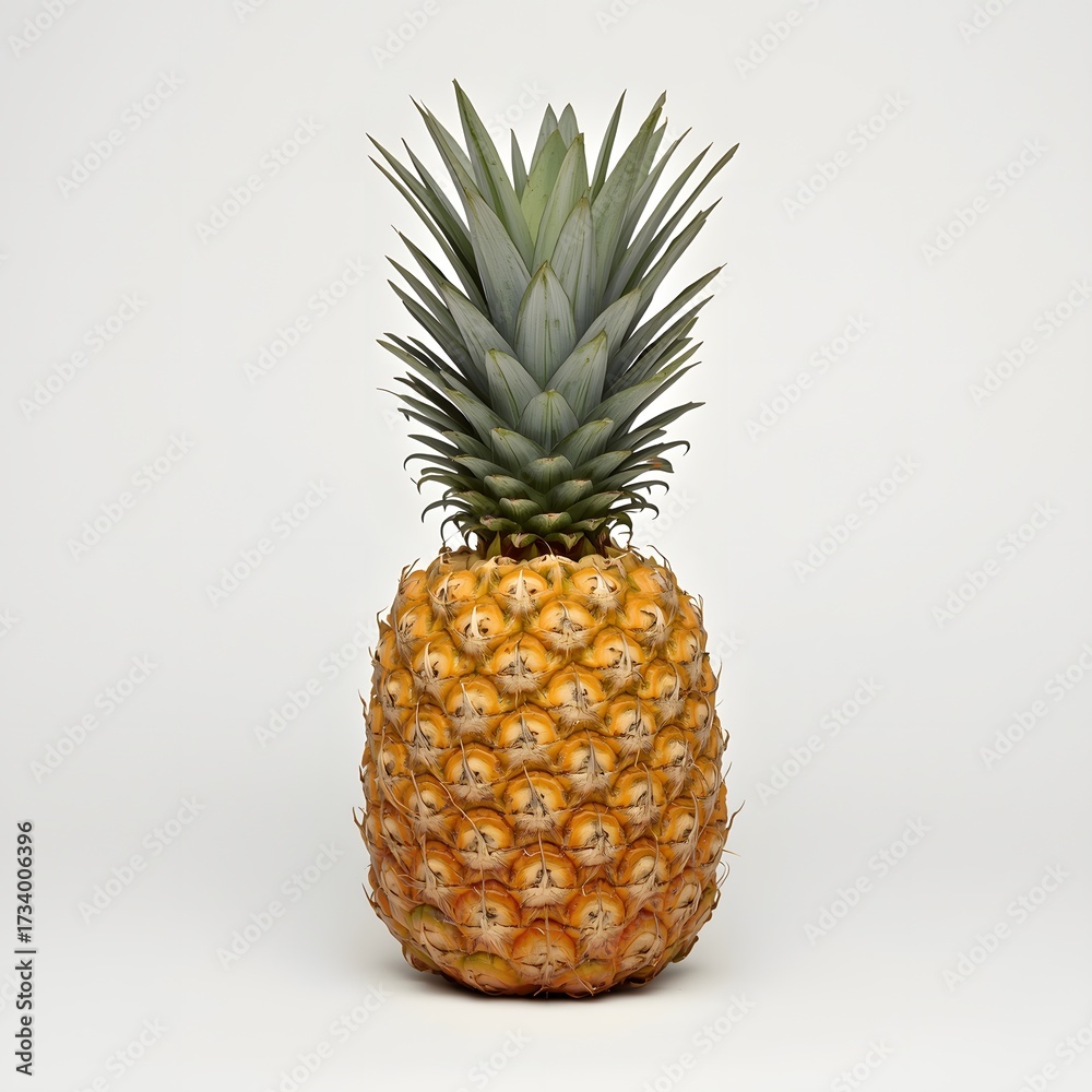 Fototapeta premium Whole Ripe Pineapple with Green Spiky Leaves on White Background fruit tropical