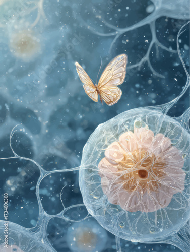 Futuristic glowing organoid brain connected with luminous butterfly symbolizing innovation, creativity, and biotechnology research in advanced medical illustration background.