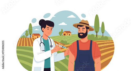 Doctor administers vaccine to farmer in agricultural landscape illustration