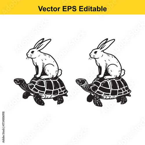 Two rabbits riding on turtles, isolated on white background
