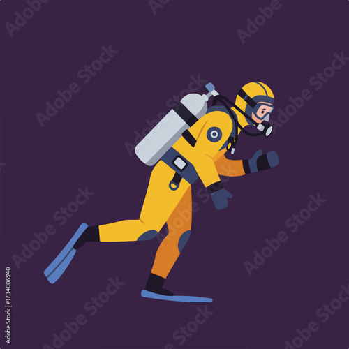 A person in a yellow wetsuit, mask, and scuba gear moving forward