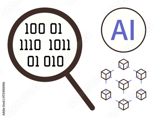 Magnifying glass focusing on binary code, AI text in a circle, interconnected blockchain nodes. Ideal for AI, machine learning, data analysis, blockchain, automation, coding digital transformation