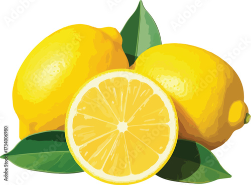 A close up of three lemons with green leaves around