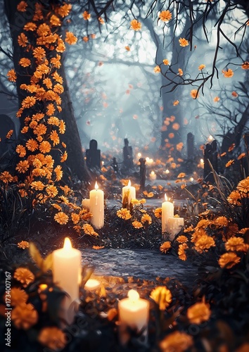 A moody image of a cemetery decorated with flowers and candles, shrouded in a mysterious fog, evokes a sense of solemn reflection