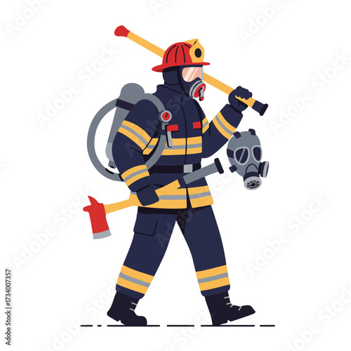 A firefighter in protective gear walks, carrying tools
