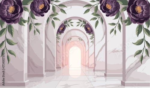 A hallway with arches and floral decorations design