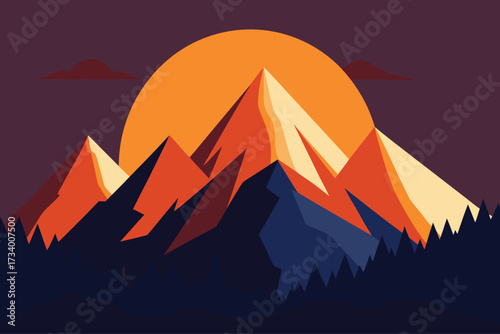 Geometric mountain range at sunset with a large sun behind