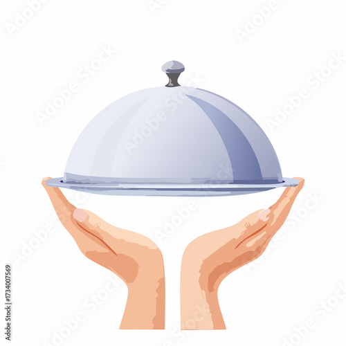 White Dish with lid holding hands isolated, opened restaurant cloche, launch time promo banner concept.