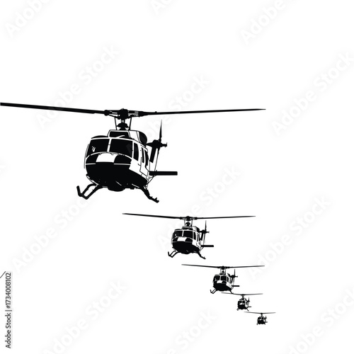 Military Helicopters in Dynamic Formation Silhouette Illustration