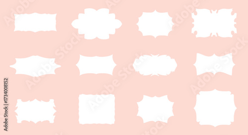 Twelve white ornate label shapes arranged on a soft, blush-colored background.