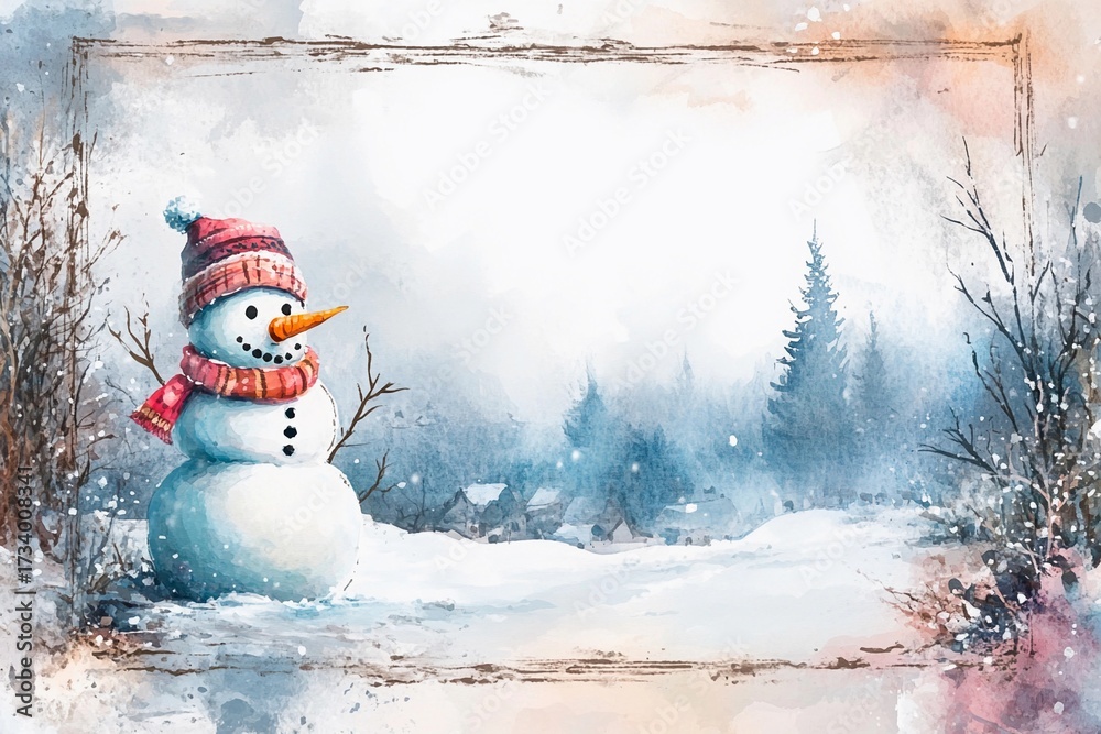 Obraz premium Snowman levitating in a snowy landscape with a red scarf and cheerful expression