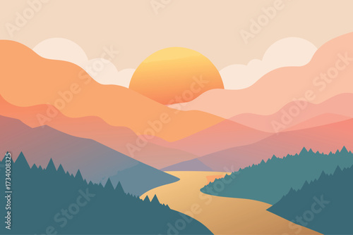 Majestic mountain valley with a river at sunset, soft pastel hues