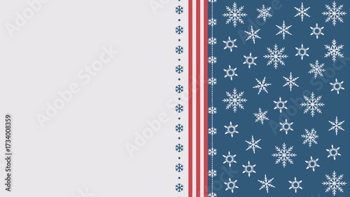 A christmas background with snowflakes on blue and red stripes on white space for text or image