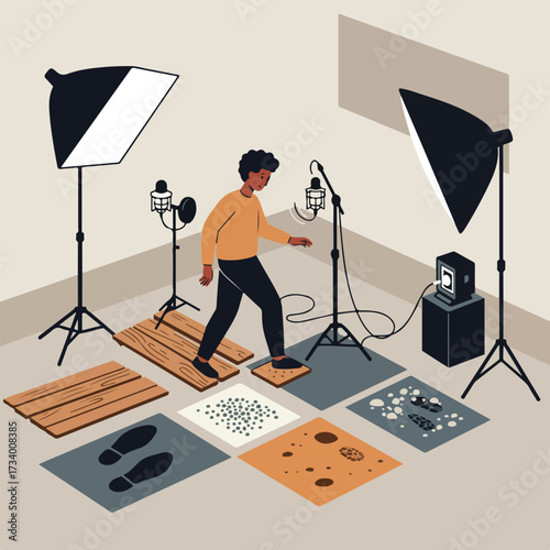 Person walking on textured squares under studio lights with microphones