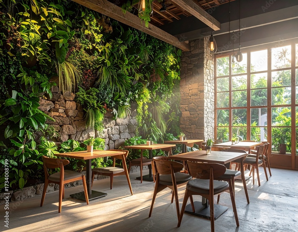 Fototapeta premium Charming Cafe Interior A Blend of Nature and Modern Design