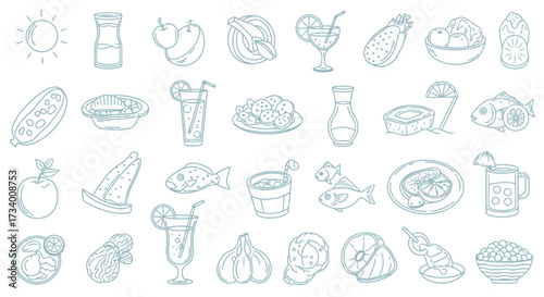 Line art illustration featuring a variety of food and drink items including fruits, vegetables, seafood, beverages, and prepared dishes arranged in rows.