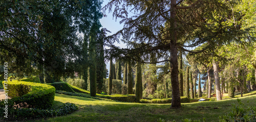 The elegant Santa Clotilde Gardens. This Italian Renaissance-style space combines terraces, classical statues, cypress trees, and gazebos with stunning sea views. Lloret de Mar, Spain