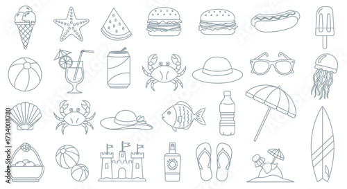 Vector illustration featuring various summer-themed objects including food, drinks, beach items, and marine life, all outlined in a simple, clean style.
